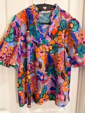 THML Multicolor Floral Blouse Size Medium Boho Puff Sleeve Top